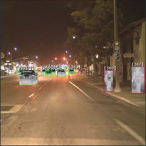 View of a street with cars and people recreated by a thermal camera