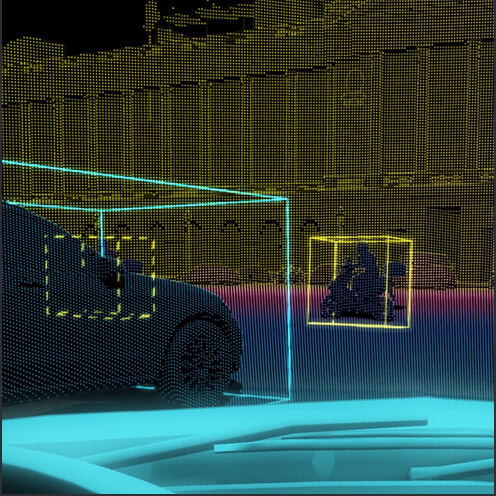 View from outside with cars and motorcycles, recreated by LiDAR from a vehicle.