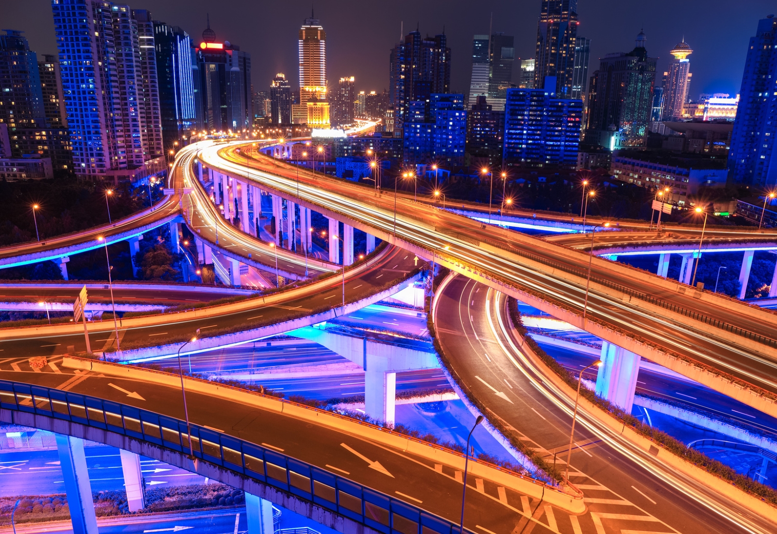 Colorful city interchange overpass at night in shanghai,China