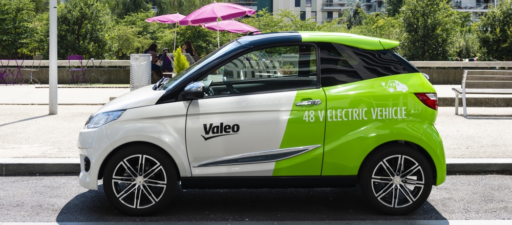Valeo 48v electric car parked in a city